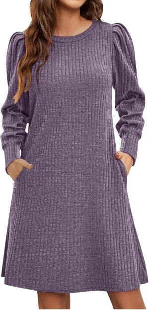 Long Sleeve Ribbed Knit Long Sleeve Dress with Pockets for Women Casual Winter Fall Midi Wedding Guest Work Outfits