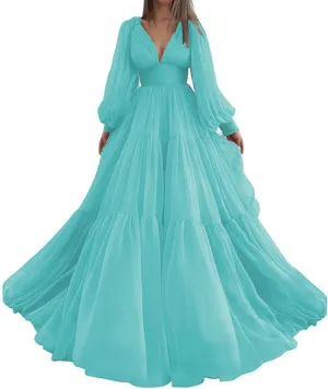 Long Sleeve Tulle Prom Dresses V Neck Puffy Formal Evening Party Gown for Women Princess Wedding Dress