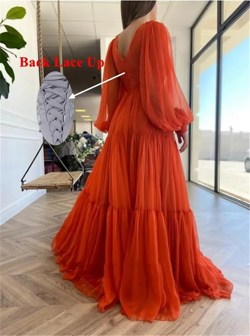 Long Sleeve Tulle Prom Dresses V Neck Puffy Formal Evening Party Gown for Women Princess Wedding Dress