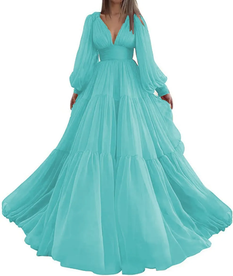 Long Sleeve Tulle Prom Dresses V Neck Puffy Formal Evening Party Gown for Women Princess Wedding Dress