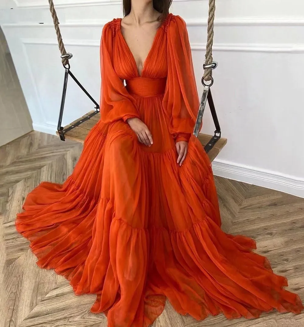 Long Sleeve Tulle Prom Dresses V Neck Puffy Formal Evening Party Gown for Women Princess Wedding Dress