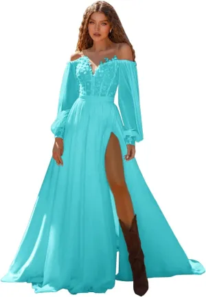 Long Sleeve Wedding Dress for Bride Off Shoulder Sweetheart Applique Chiffon Long Bridal Gown with Slit