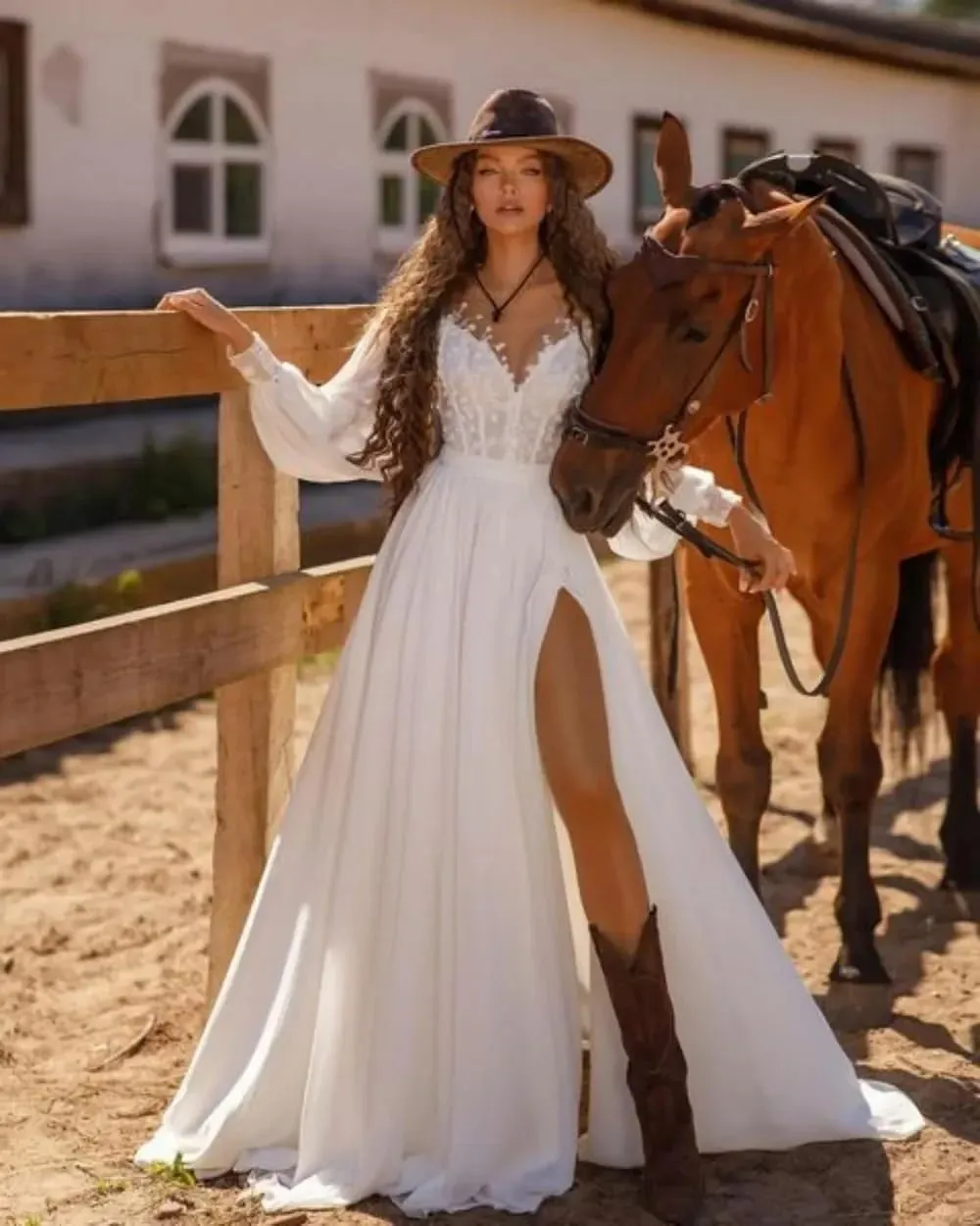 Long Sleeve Wedding Dress for Bride Off Shoulder Sweetheart Applique Chiffon Long Bridal Gown with Slit