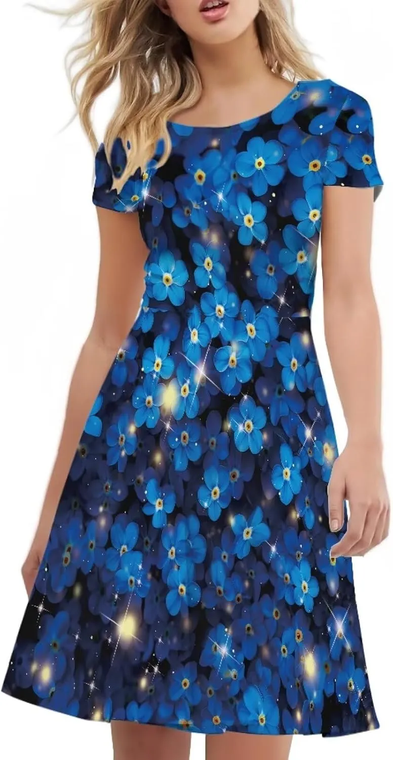 Loose Fit Casual Dresses for Women Graphic Print Short Sleeve Crew Neck A-Line Dress