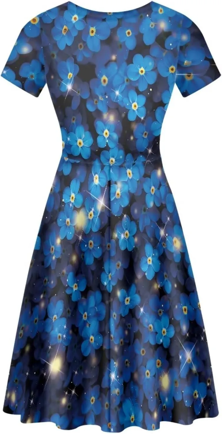 Loose Fit Casual Dresses for Women Graphic Print Short Sleeve Crew Neck A-Line Dress