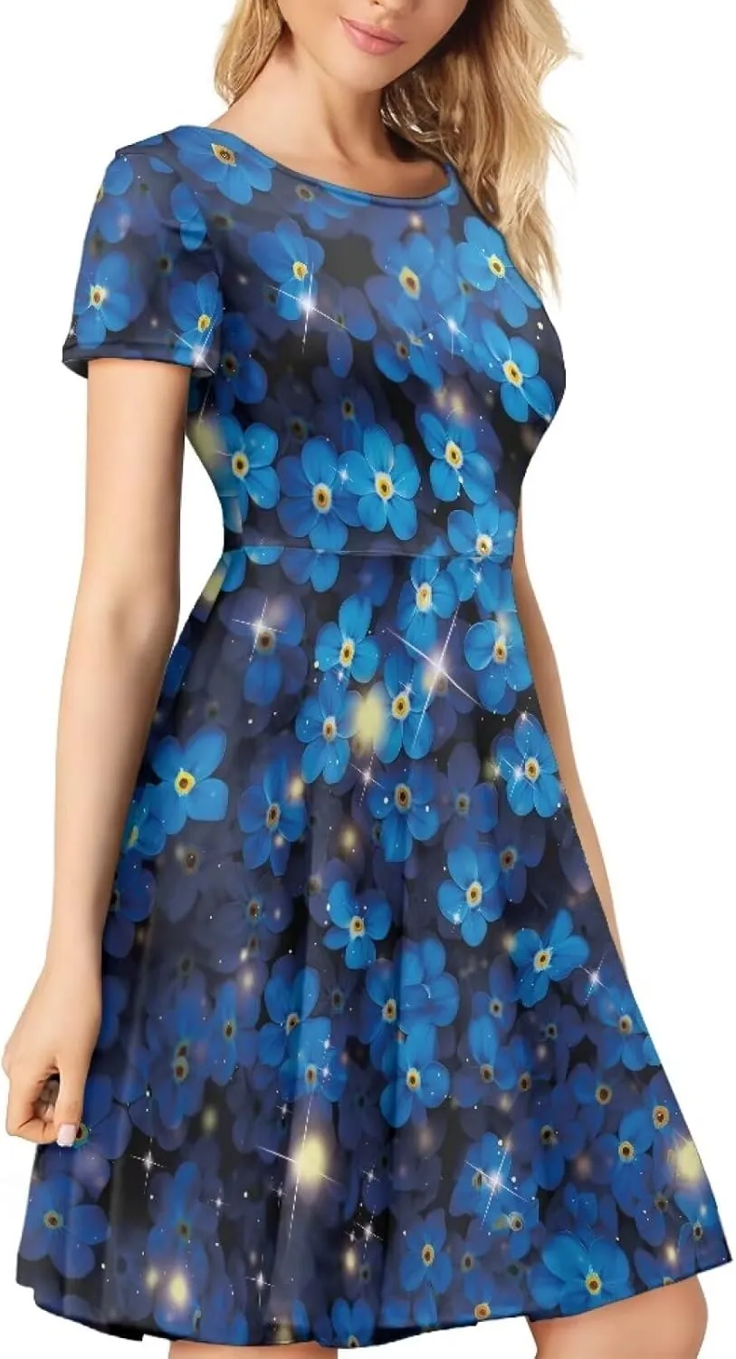 Loose Fit Casual Dresses for Women Graphic Print Short Sleeve Crew Neck A-Line Dress