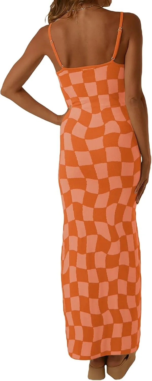 Low Cut Ribbed Knit Long Bodycon Sling Dress Sleeveless Spaghetti Straps Club Party Floral Maxi Dress for Women