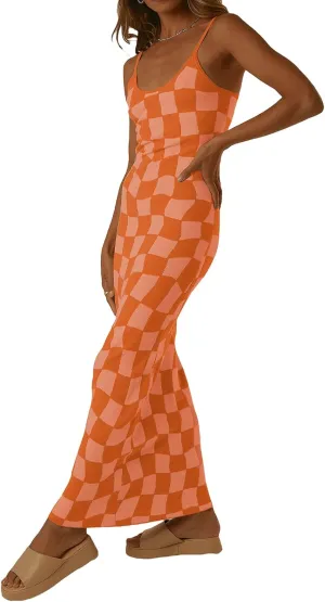 Low Cut Ribbed Knit Long Bodycon Sling Dress Sleeveless Spaghetti Straps Club Party Floral Maxi Dress for Women