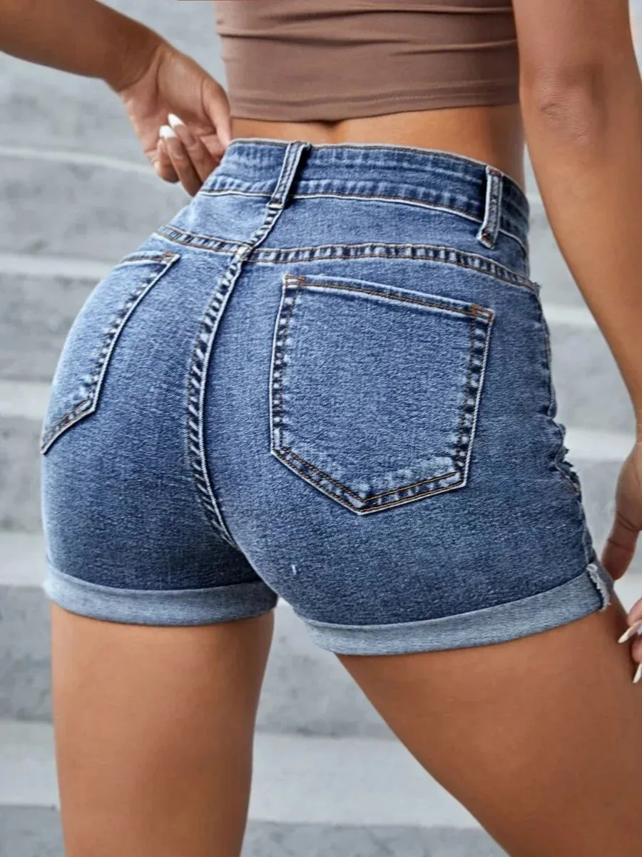 LVSANW LW High Waist Ripped Pocket Design Solid Skinny Stretchy Denim Shorts Women Casual Ripped Stretchy Cuffed Hem Hot Jean Pants