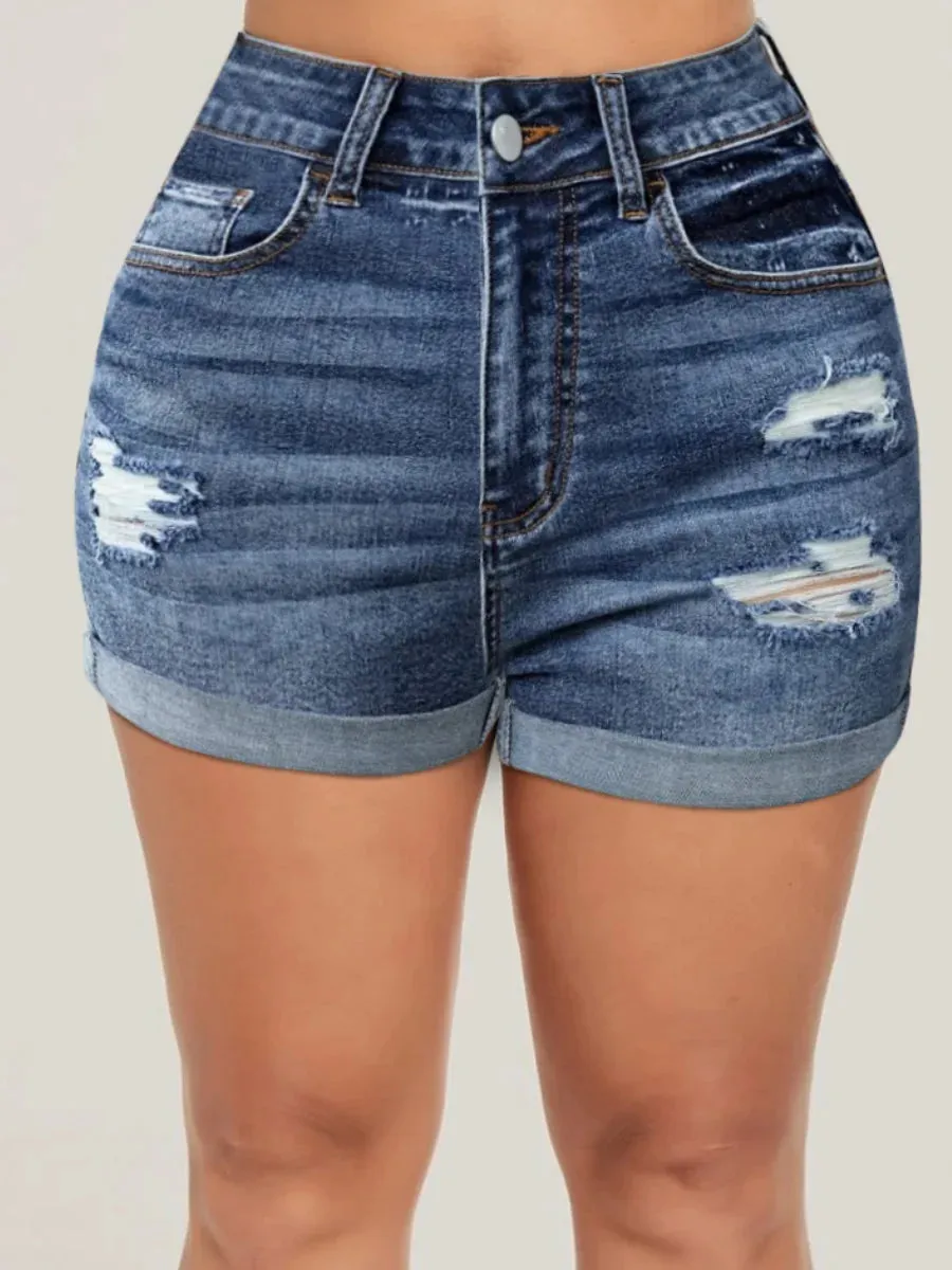 LVSANW LW High Waist Ripped Pocket Design Solid Skinny Stretchy Denim Shorts Women Casual Ripped Stretchy Cuffed Hem Hot Jean Pants