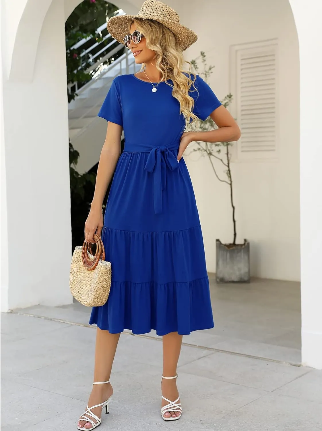 Lyrur Women's Dresses Casual Summer Tiered Midi Dress Short Sleeve Belted Ruffle Babydoll Boho Sundress with Pockets