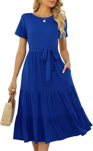 Lyrur Women's Dresses Casual Summer Tiered Midi Dress Short Sleeve Belted Ruffle Babydoll Boho Sundress with Pockets