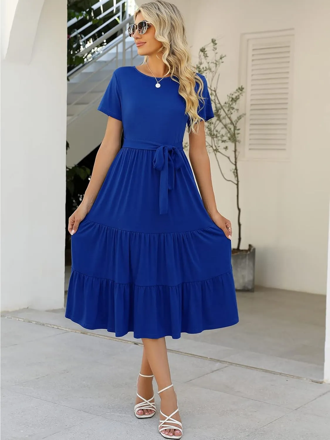 Lyrur Women's Dresses Casual Summer Tiered Midi Dress Short Sleeve Belted Ruffle Babydoll Boho Sundress with Pockets