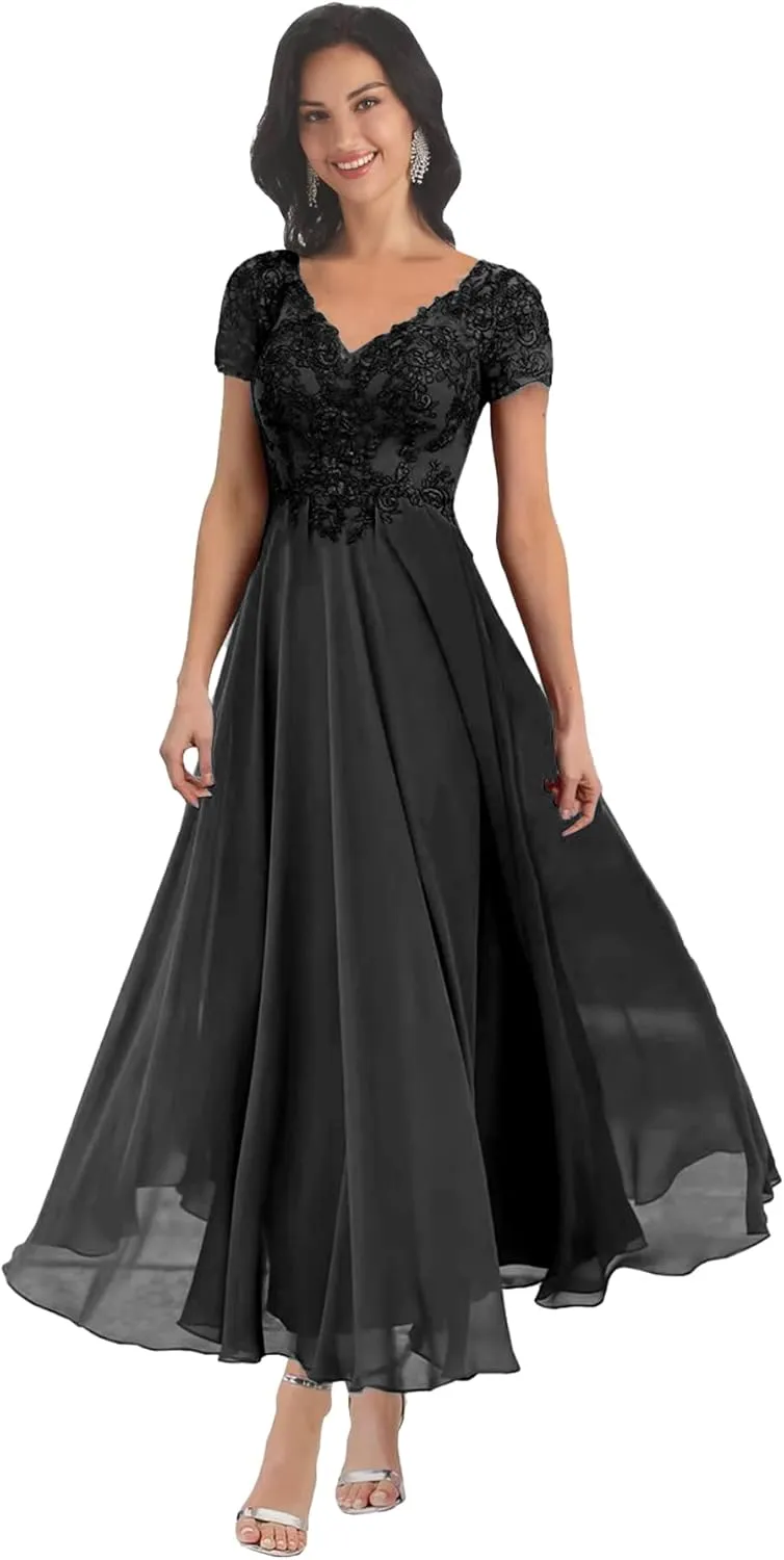 MAGGCIF Lace Mother of The Bride Dresses with Sleeves Chiffon A Line Long Formal Evening Gowns