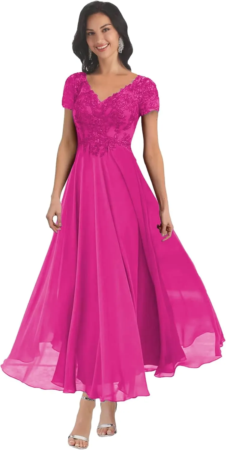 MAGGCIF Lace Mother of The Bride Dresses with Sleeves Chiffon A Line Long Formal Evening Gowns