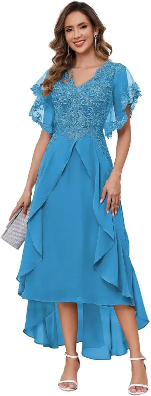 MAGGCIF Tea Length Mother of The Bride Dresses for Wedding with Sleeves Lace Ruffle Chiffon A Line Evening Formal Dress