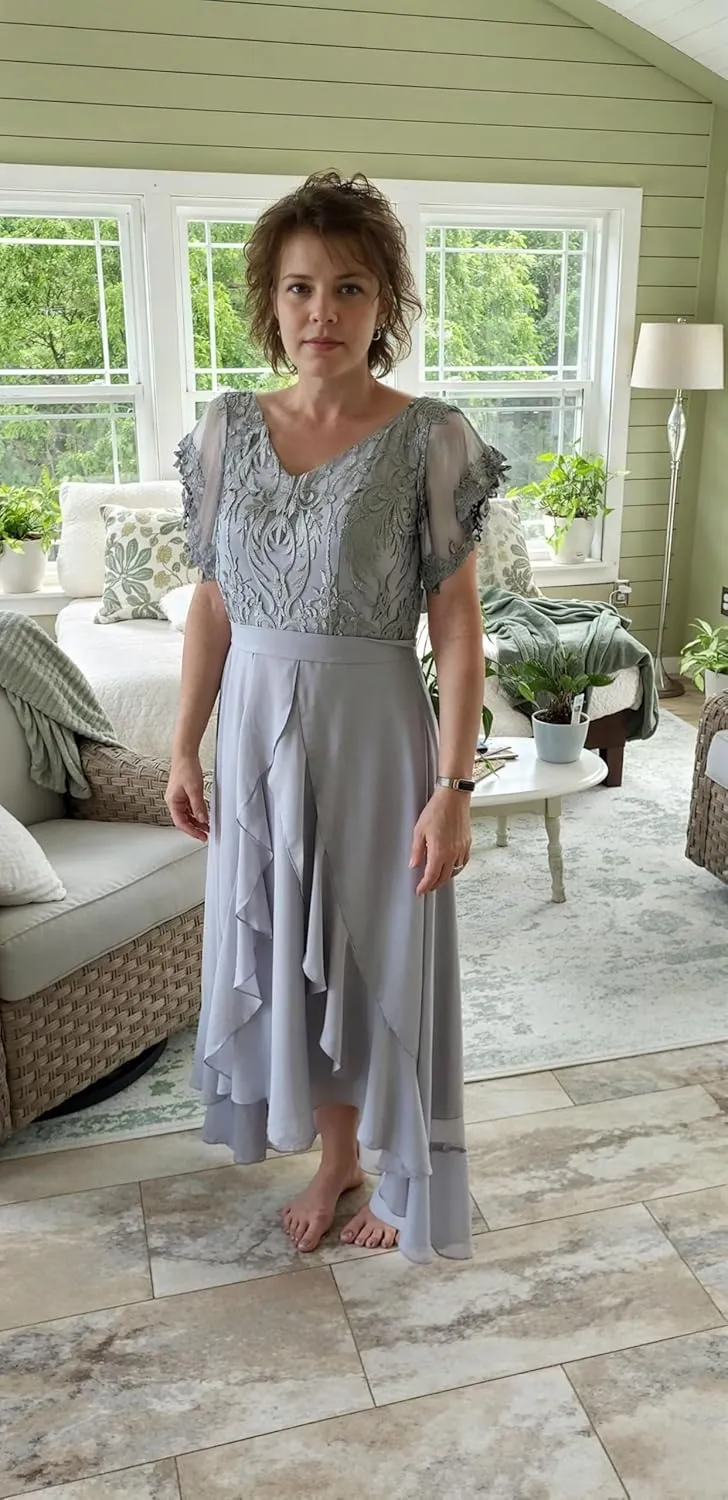 MAGGCIF Tea Length Mother of The Bride Dresses for Wedding with Sleeves Lace Ruffle Chiffon A Line Evening Formal Dress