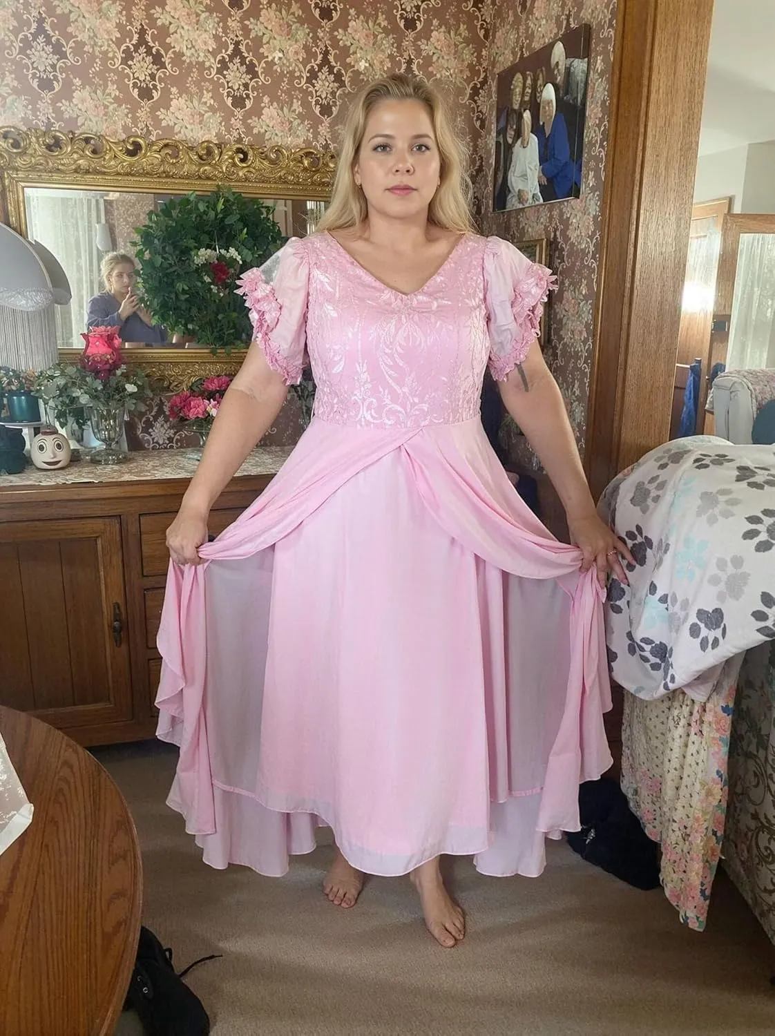 MAGGCIF Tea Length Mother of The Bride Dresses for Wedding with Sleeves Lace Ruffle Chiffon A Line Evening Formal Dress