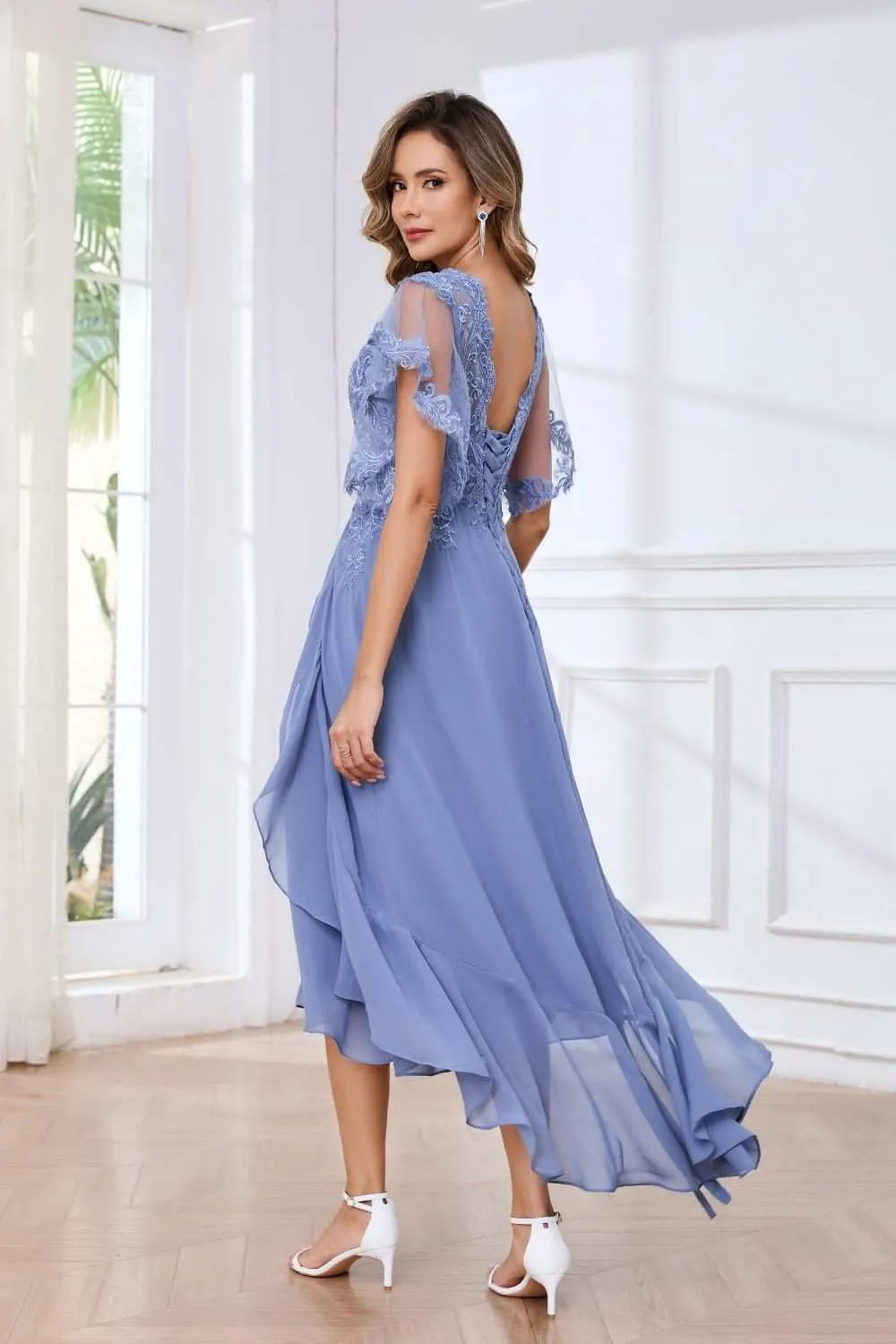 MAGGCIF Tea Length Mother of The Bride Dresses for Wedding with Sleeves Lace Ruffle Chiffon A Line Evening Formal Dress