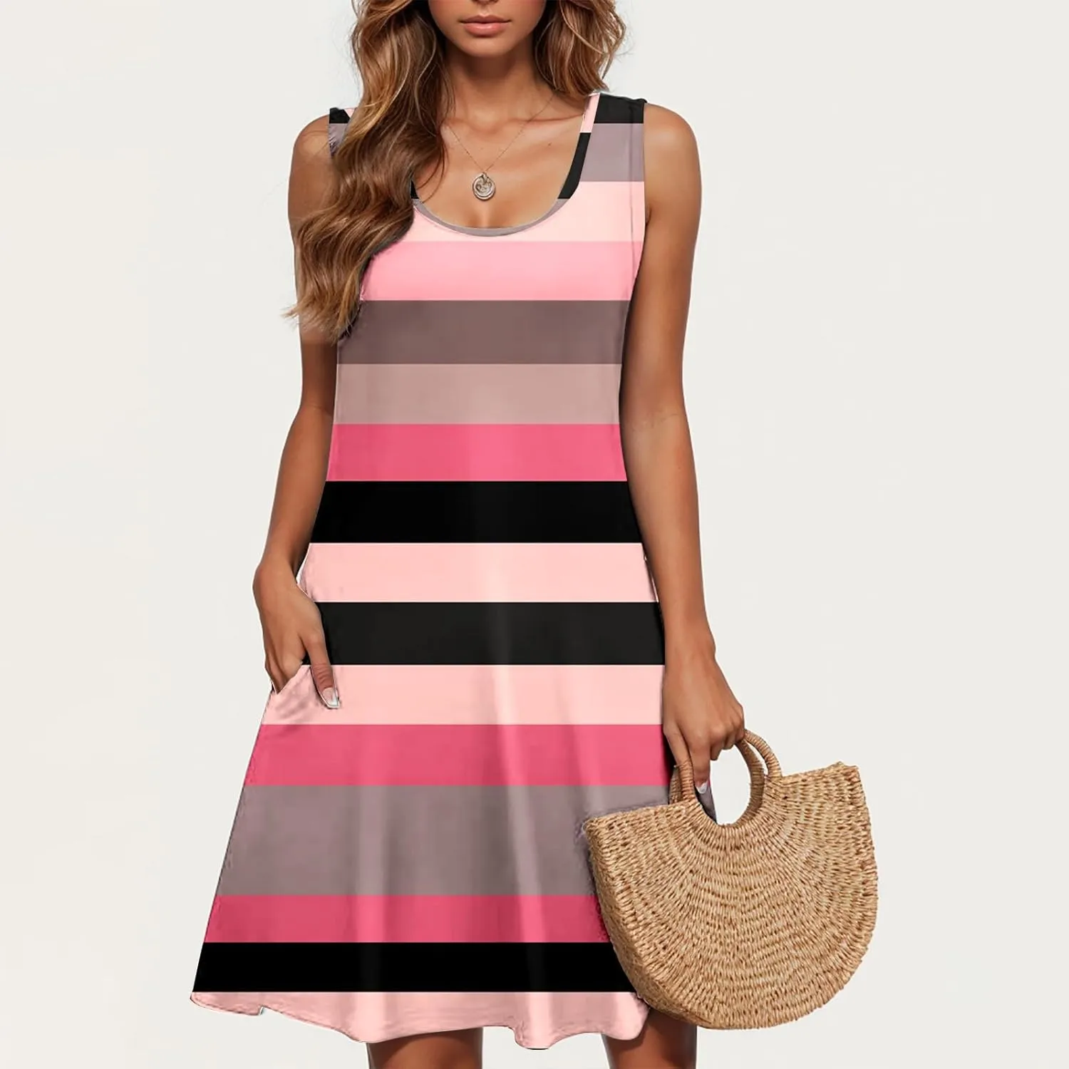 maisdgop Boho Dresses for Women 2025 Summer Casual Loose U Neck Mini Dress Trendy Flowy Striped Print Beach T Shirt Dress