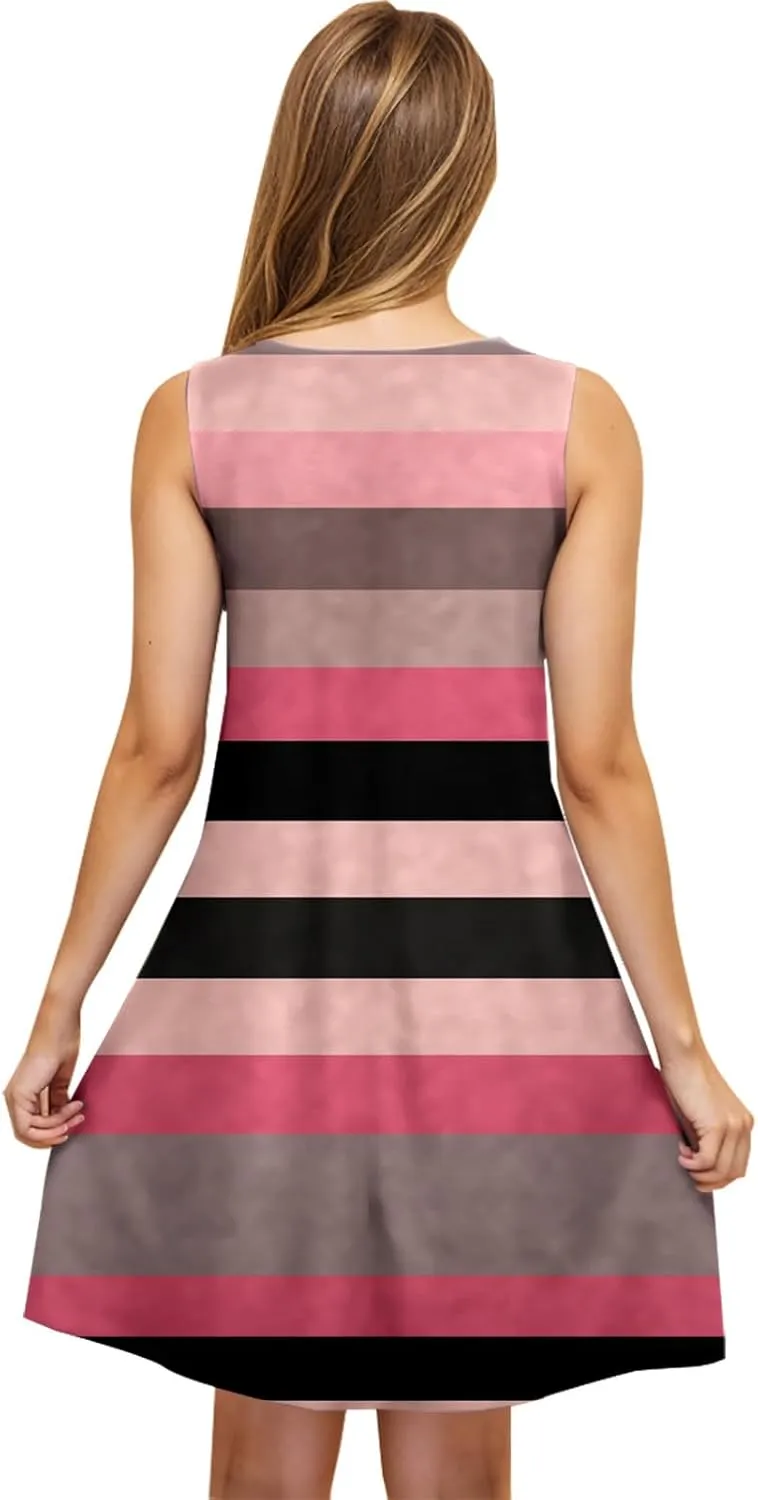 maisdgop Boho Dresses for Women 2025 Summer Casual Loose U Neck Mini Dress Trendy Flowy Striped Print Beach T Shirt Dress
