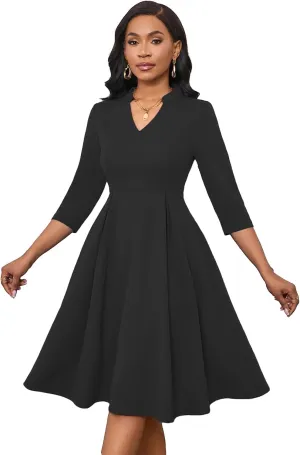 Max2co Midi Dresses for Women Semi Formal Fit and Flare A-Line Swing Dress 3/4 Sleeve Church Cocktail Dress with Pockets