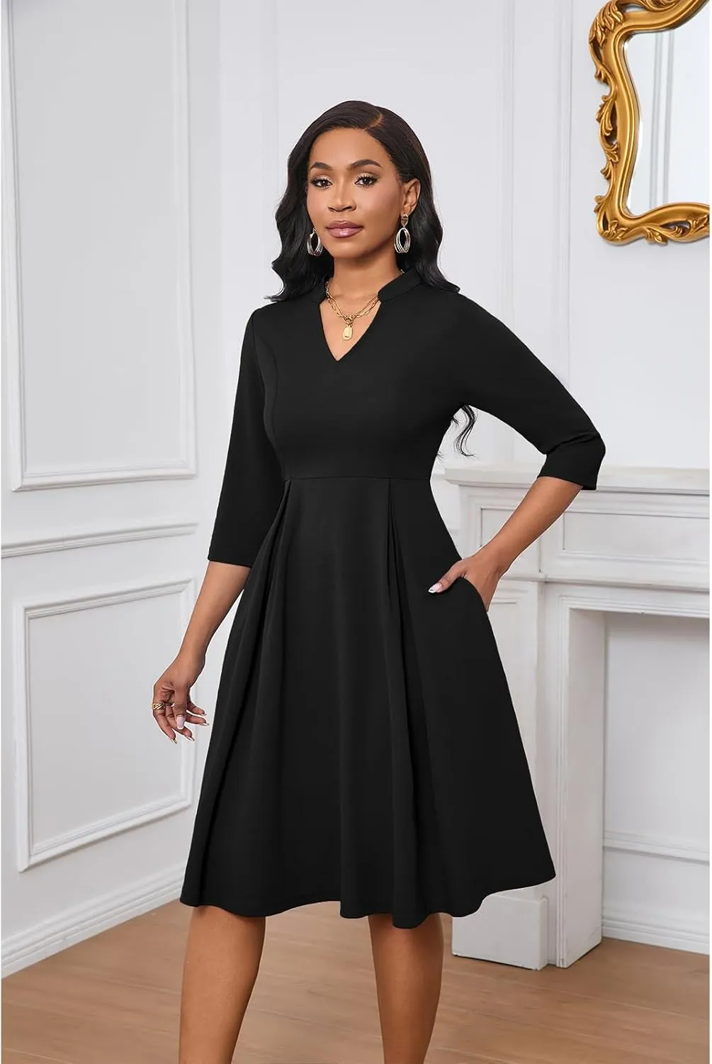 Max2co Midi Dresses for Women Semi Formal Fit and Flare A-Line Swing Dress 3/4 Sleeve Church Cocktail Dress with Pockets