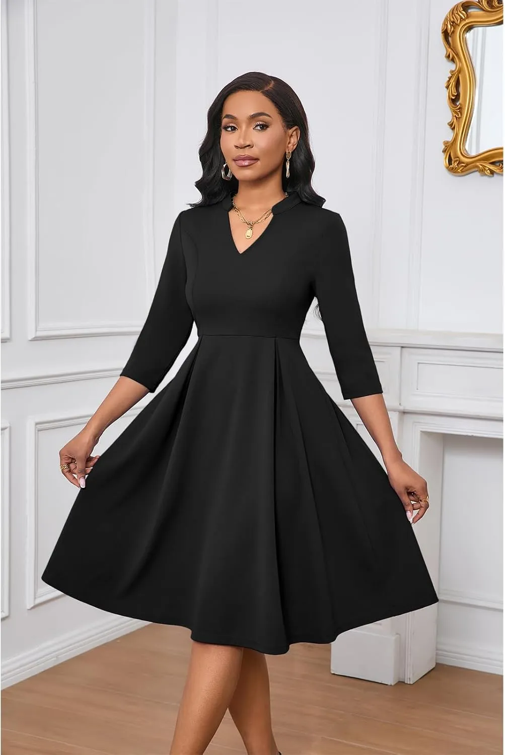 Max2co Midi Dresses for Women Semi Formal Fit and Flare A-Line Swing Dress 3/4 Sleeve Church Cocktail Dress with Pockets