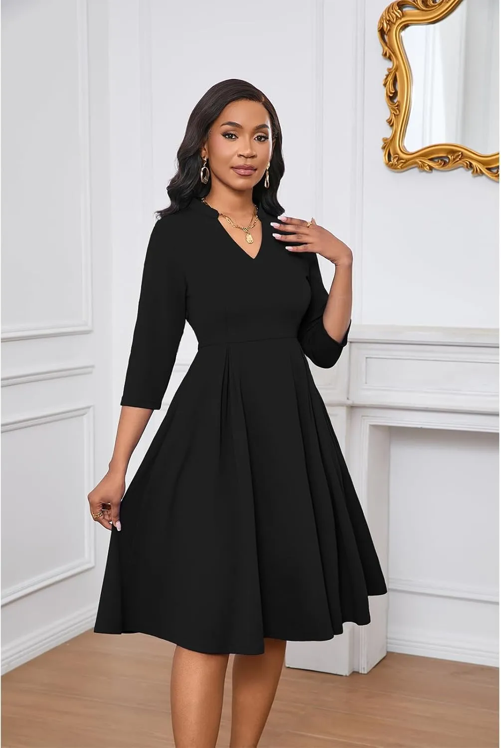 Max2co Midi Dresses for Women Semi Formal Fit and Flare A-Line Swing Dress 3/4 Sleeve Church Cocktail Dress with Pockets