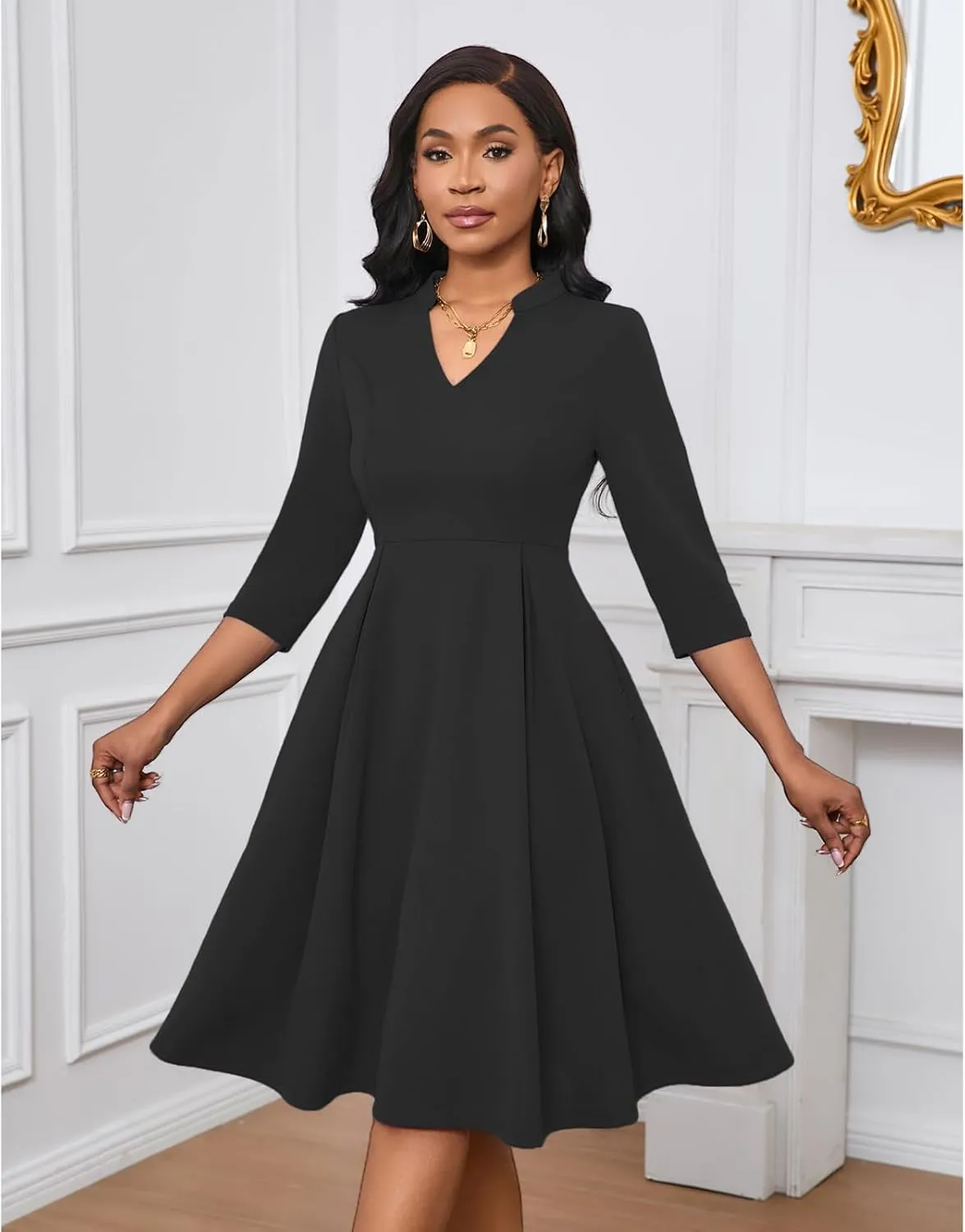 Max2co Midi Dresses for Women Semi Formal Fit and Flare A-Line Swing Dress 3/4 Sleeve Church Cocktail Dress with Pockets