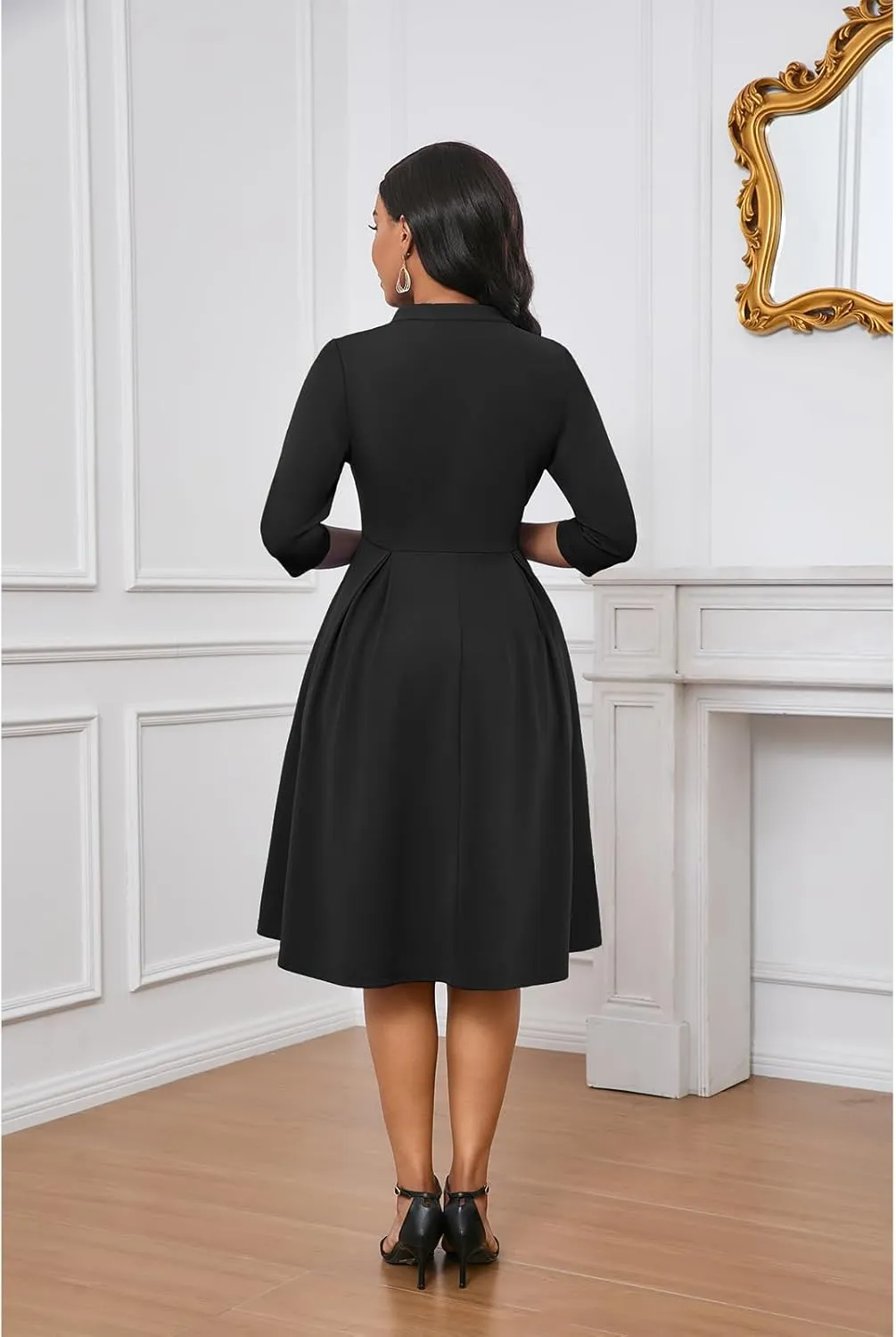 Max2co Midi Dresses for Women Semi Formal Fit and Flare A-Line Swing Dress 3/4 Sleeve Church Cocktail Dress with Pockets