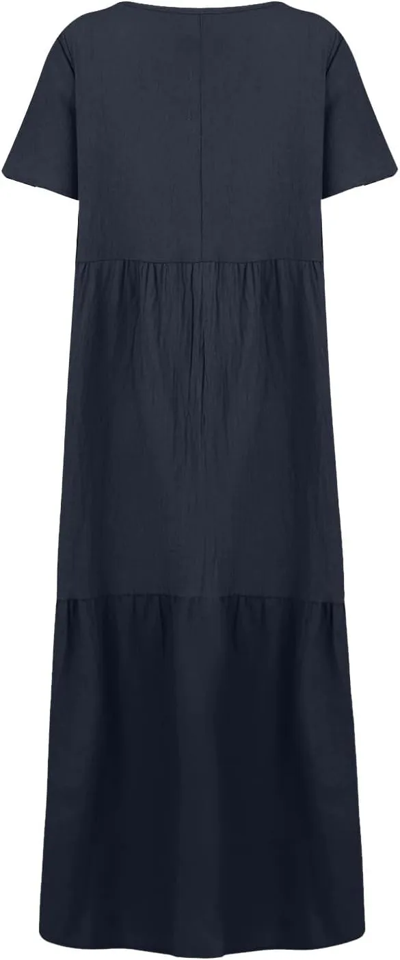 Maxi Dress for Women Casual Summer Linen Short Sleeve V Neck Baggy Sundress Plus Size Solid Flowy Beach Long Dresses