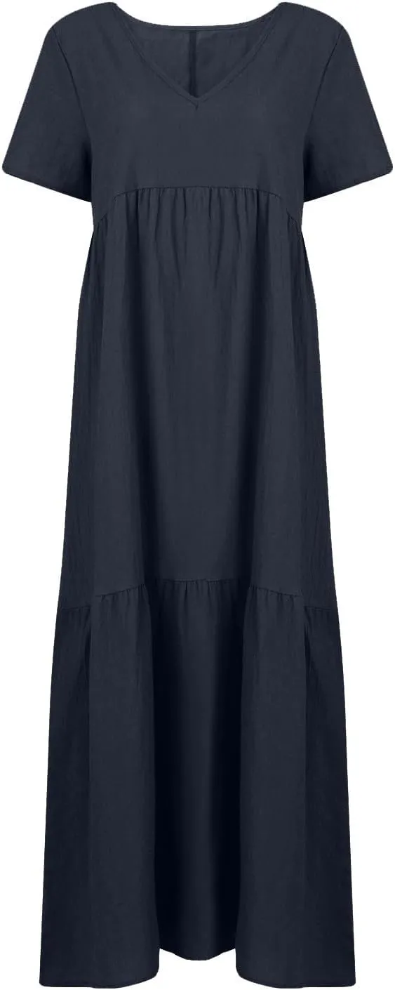 Maxi Dress for Women Casual Summer Linen Short Sleeve V Neck Baggy Sundress Plus Size Solid Flowy Beach Long Dresses