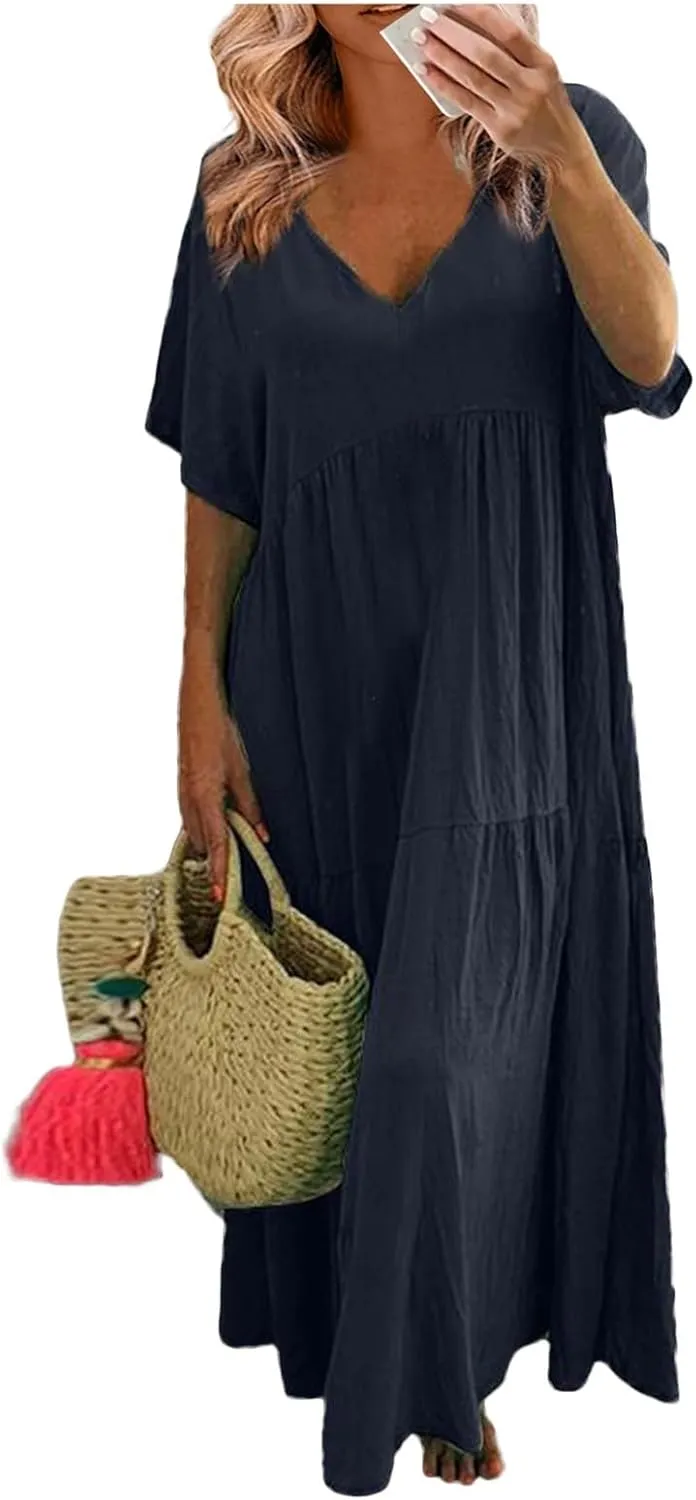 Maxi Dress for Women Casual Summer Linen Short Sleeve V Neck Baggy Sundress Plus Size Solid Flowy Beach Long Dresses