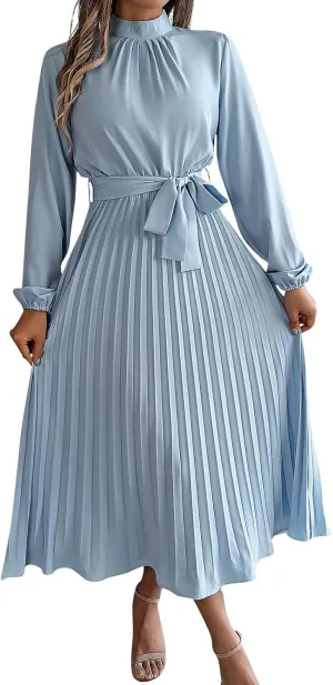 Maxi Dresses for Women 2024 Long Sleeve Pleated Dress Retro Casual Dresses Work Fitted Cute A-Line Trendy Clothing