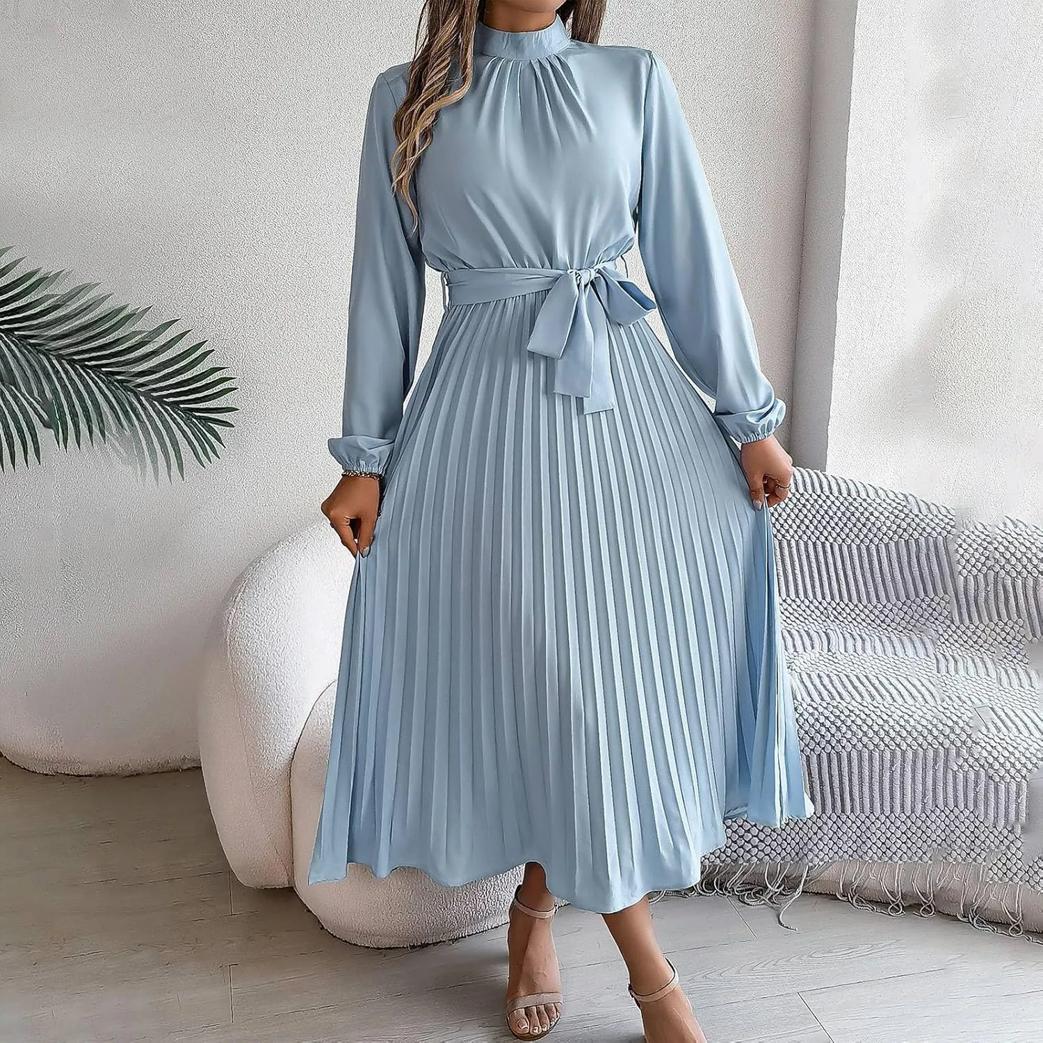 Maxi Dresses for Women 2024 Long Sleeve Pleated Dress Retro Casual Dresses Work Fitted Cute A-Line Trendy Clothing