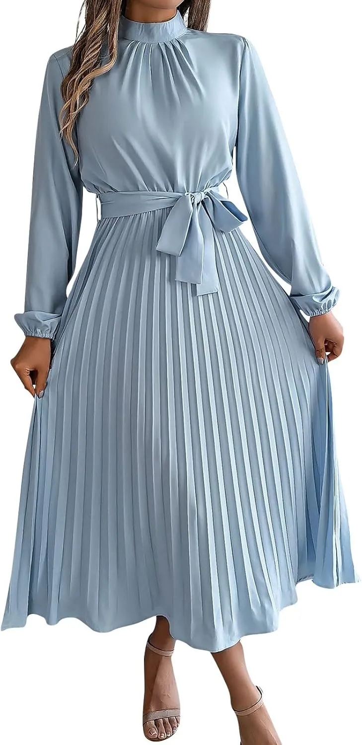 Maxi Dresses for Women 2024 Long Sleeve Pleated Dress Retro Casual Dresses Work Fitted Cute A-Line Trendy Clothing