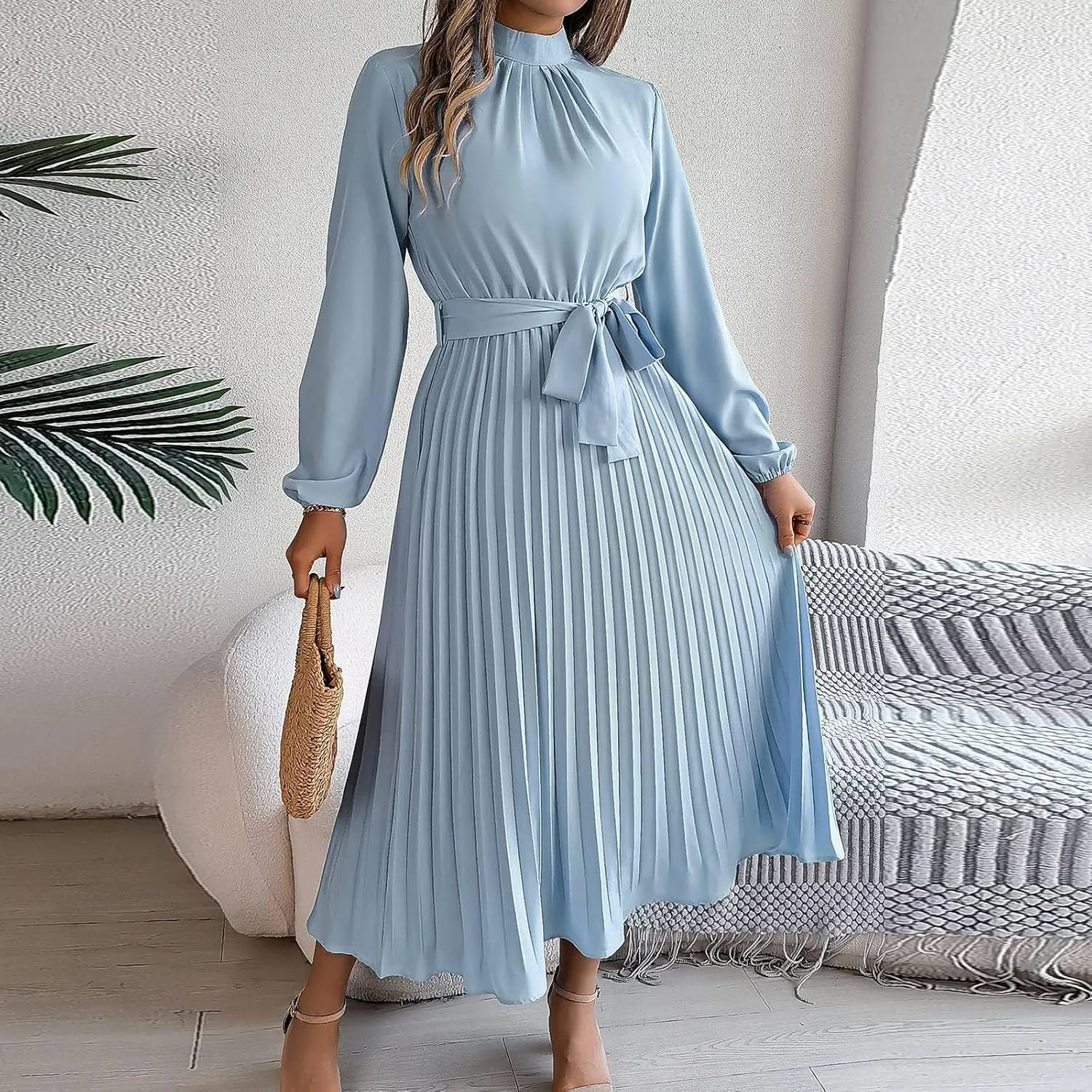 Maxi Dresses for Women 2024 Long Sleeve Pleated Dress Retro Casual Dresses Work Fitted Cute A-Line Trendy Clothing