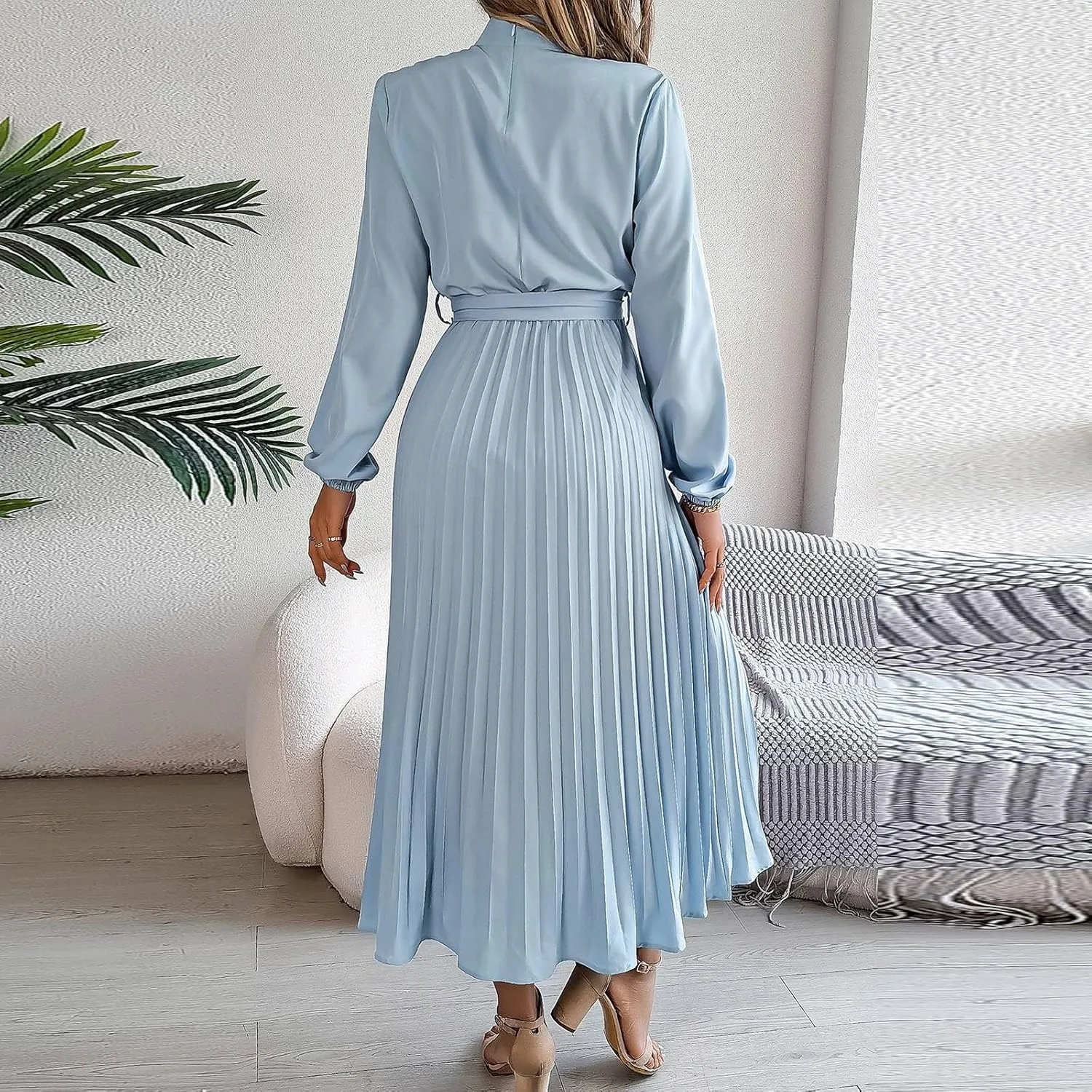 Maxi Dresses for Women 2024 Long Sleeve Pleated Dress Retro Casual Dresses Work Fitted Cute A-Line Trendy Clothing