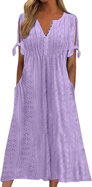 Maxi Dresses for Women 2025 Boho Short Sleeve Eyelet Tshirt Dress Casual Summer Beach Vacation Long Dresses