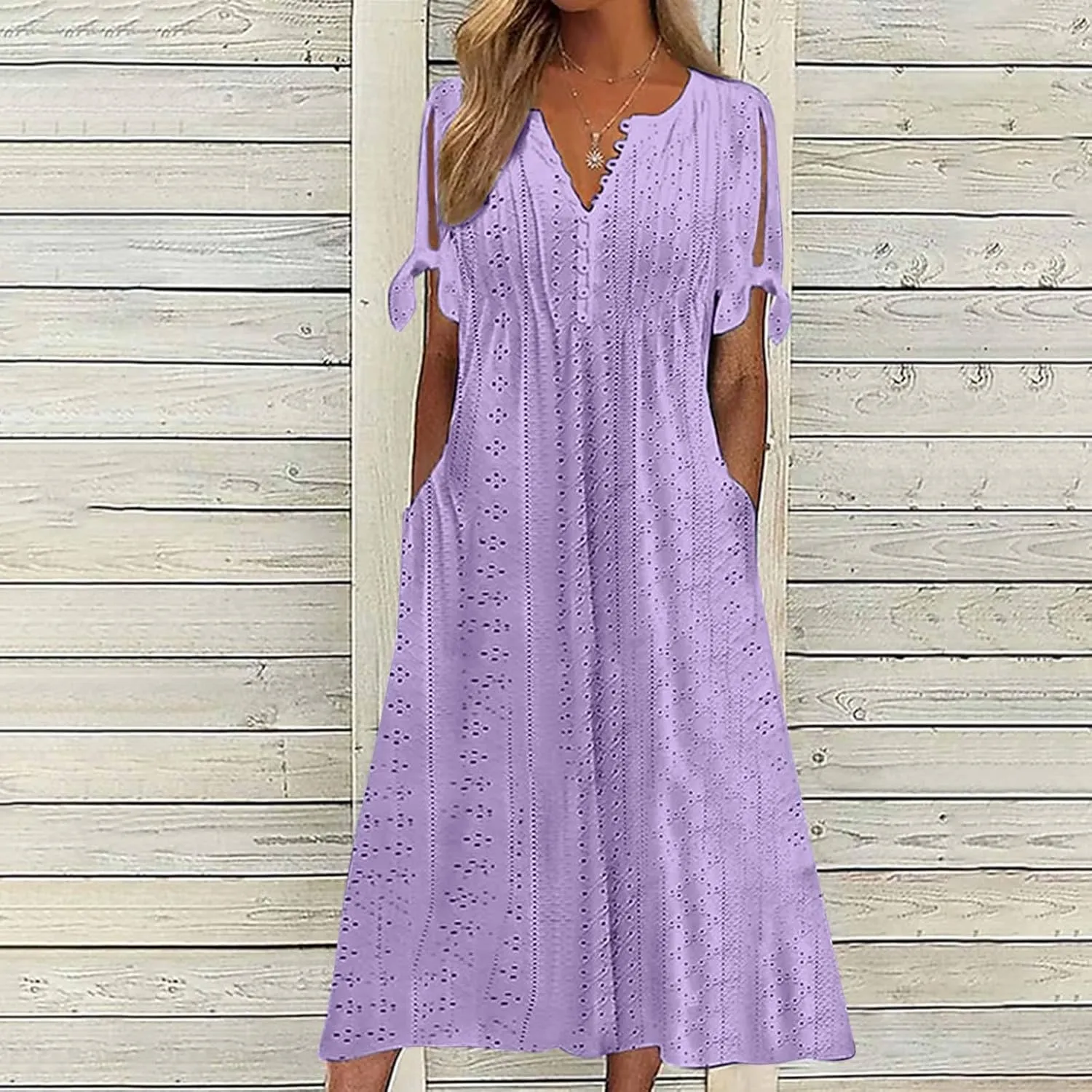 Maxi Dresses for Women 2025 Boho Short Sleeve Eyelet Tshirt Dress Casual Summer Beach Vacation Long Dresses