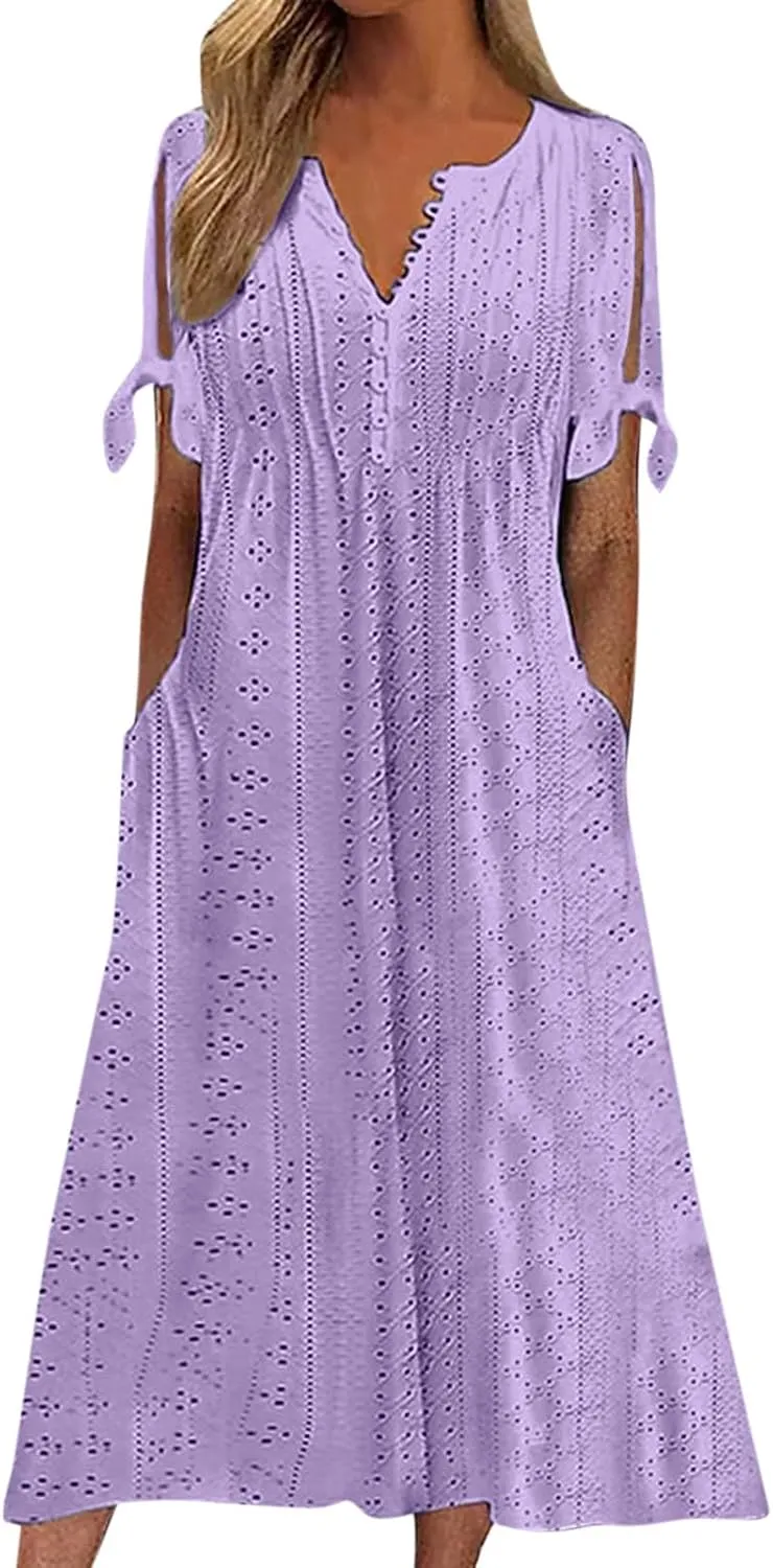 Maxi Dresses for Women 2025 Boho Short Sleeve Eyelet Tshirt Dress Casual Summer Beach Vacation Long Dresses