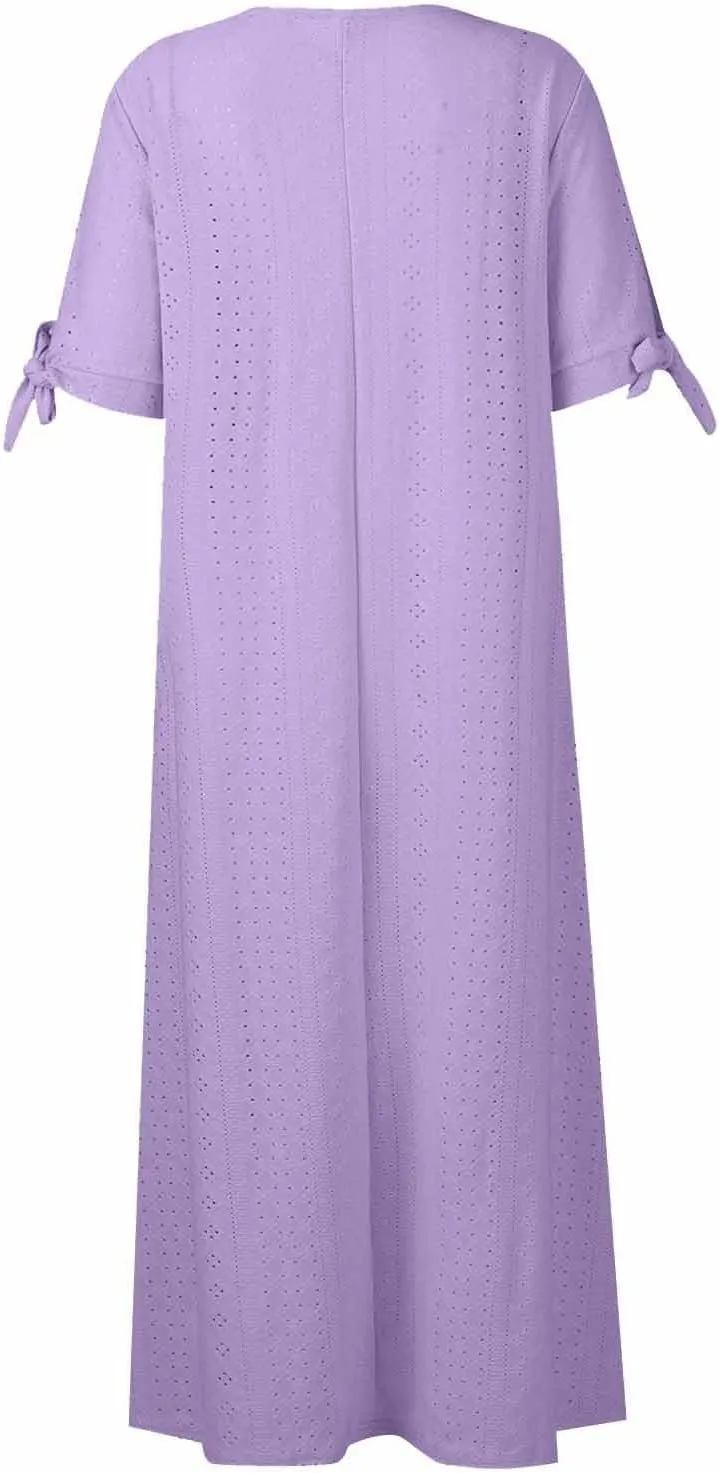 Maxi Dresses for Women 2025 Boho Short Sleeve Eyelet Tshirt Dress Casual Summer Beach Vacation Long Dresses