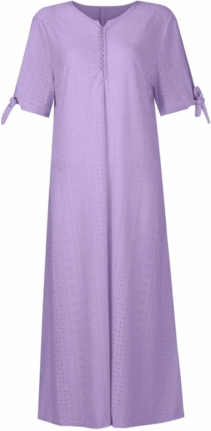 Maxi Dresses for Women 2025 Boho Short Sleeve Eyelet Tshirt Dress Casual Summer Beach Vacation Long Dresses