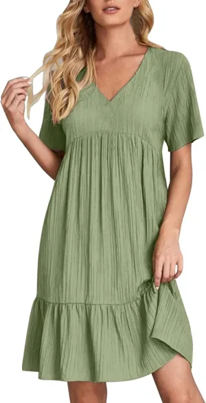 Maxi Dresses for Women 2025 Pleated Tiered A Line Flowy Midi Dress Plus Size Summer Short Sleeve V Neck Casual Dress