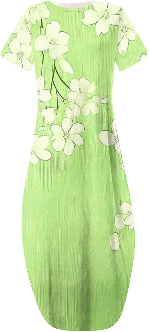 Maxi Dresses for Women 2025 Short Sleeve Casual Boho Floral T-Shirt Dress Flowy Beach Sundress with Pockets