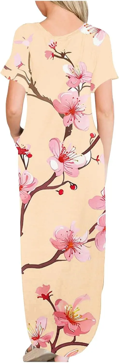 Maxi Dresses for Women 2025 Short Sleeve Casual Boho Floral T-Shirt Dress Flowy Beach Sundress with Pockets
