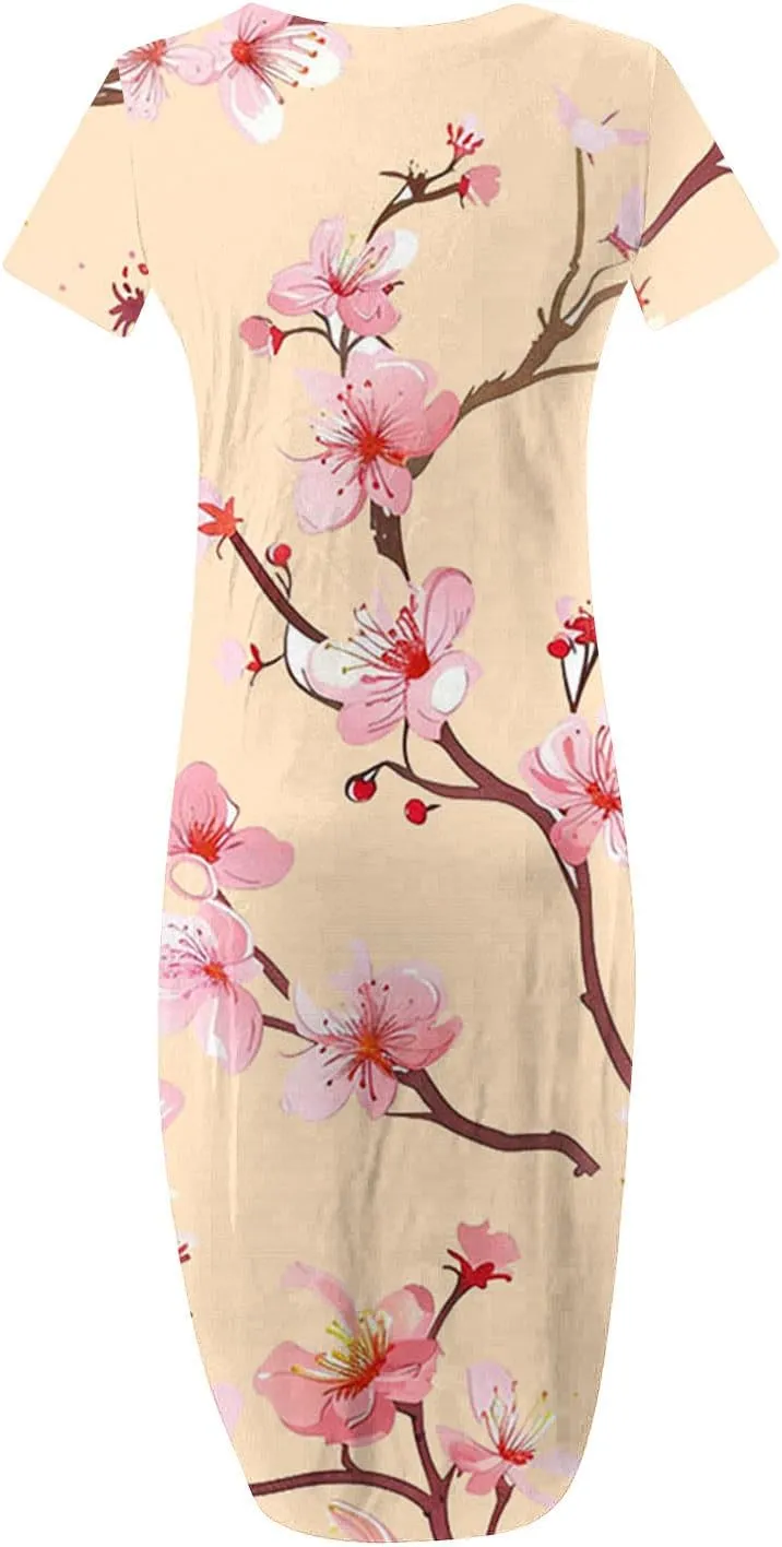 Maxi Dresses for Women 2025 Short Sleeve Casual Boho Floral T-Shirt Dress Flowy Beach Sundress with Pockets