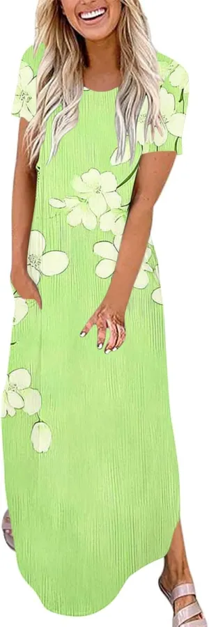 Maxi Dresses for Women 2025 Short Sleeve Casual Boho Floral T-Shirt Dress Flowy Beach Sundress with Pockets