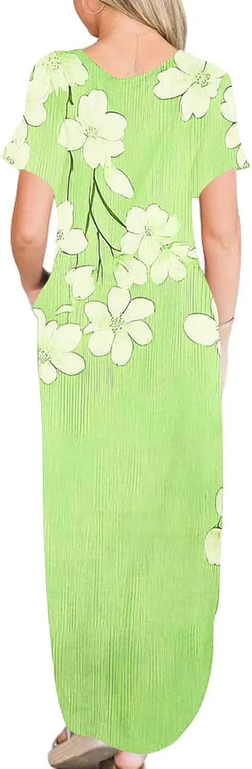Maxi Dresses for Women 2025 Short Sleeve Casual Boho Floral T-Shirt Dress Flowy Beach Sundress with Pockets